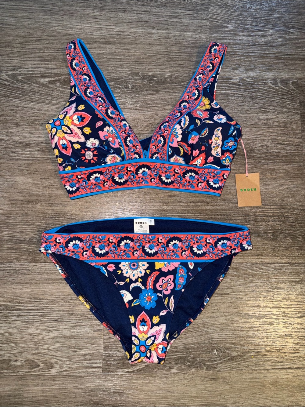 NWT Boden Navy Floral V-Neck Bikini with Coral Trim size 10